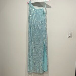 Ieena Mac Duggal Ice Blue One-Shoulder Sequin Gown Size 14 plus $398